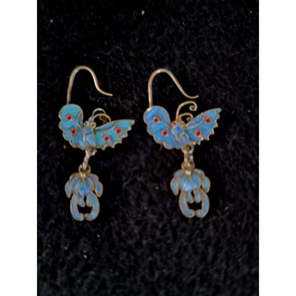 Antique Kingfisher Feather Butterfly Earrings Dainty Brilliant Turqoise Reverse